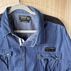 4XL Blue Chambray Denim Look MOST Official Seven Mens Button Shirt Black Trim